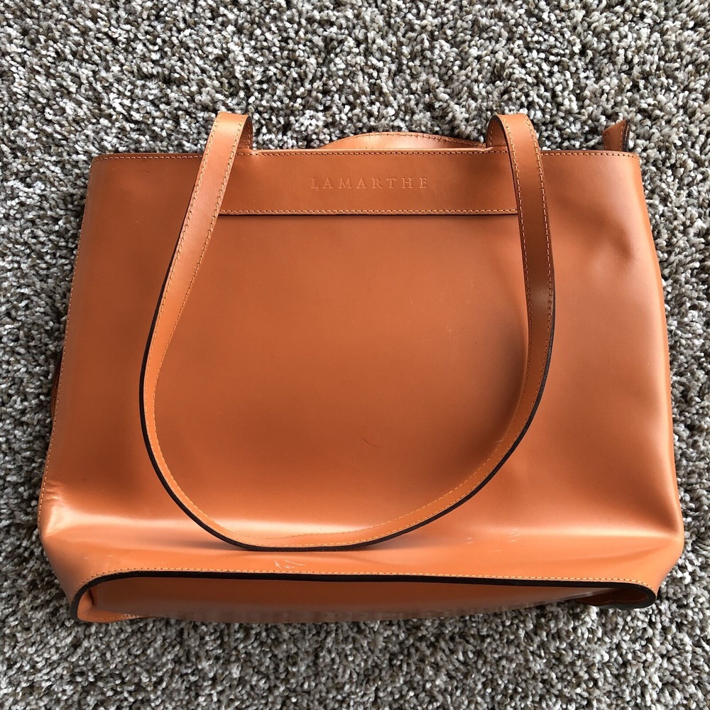 Lamarthe Leather Shoulder Bag Purse Large Double Handle‎ Zipper Closure Orange